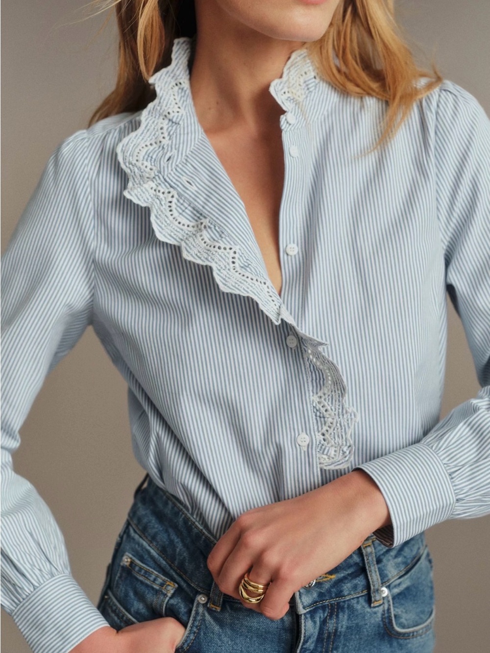 Sezane Chlo Shirt Ecru/Blue Stripes Size 44